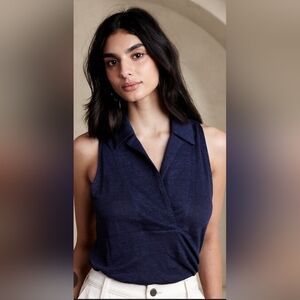 Banana Republic Womens 100% Linen Sleeveless Polo Top Size XS Navy Blue Coastal